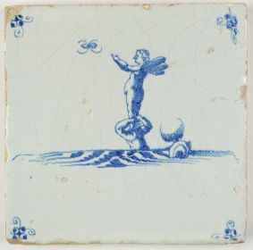 Antique Delft tile with Cupid on top of a mermaid, 17th century