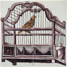 Antique Delft tile mural with a bird cage, 19th century