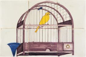 Antique Delft tile mural depicting a manganese bird cage with a yellow canary, late 18th century