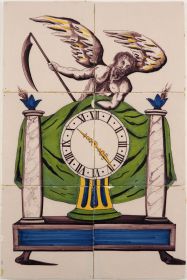 Antique polychrome Dutch Delft tile mural with a Pendulum clock, 19th century