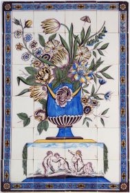 Antique Delft tile mural with a stunning polychrome flower vase and four putti playing a game of blind man's buff, 19th century Utrecht