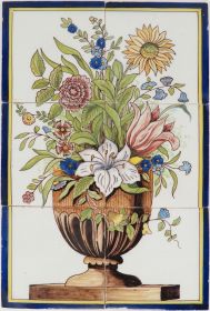 Antique Dutch tile mural with polychrome flower vase, 20th century