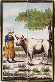 Antique Dutch Delft polychrome tile mural with a bull and farmer, 20th century