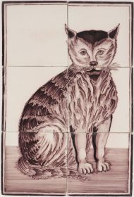 Antique Delft tile mural in manganese with a cat, 19th century