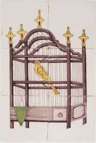 Antique Delft tile mural with a canary in a bird cage, 19th century