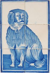 Antique Delft tile mural in blue with a dog, 19th century