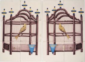 Antique Delft tile murals with bird cages and yellow canaries, 19th century Utrecht