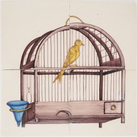 Antique Delft tile mural with a bird cage, 19th century