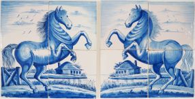 Set of two antique Delft tile murals with prancing horses, 19th century