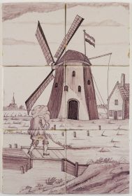 Antique Delft tile mural with a windmill, 18th - 19th century