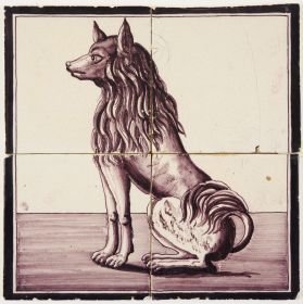 Antique Dutch tile mural depicting a 'keeshond' or 'barge dog', 19th century