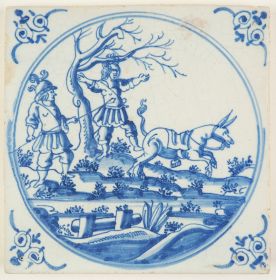 Antique Delft Biblical tile in blue depicting the death of Absalom, 18th century Rotterdam