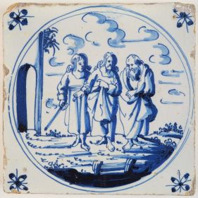 Antique Delft Biblical tile in blue depicting Jesus and two disciples walking on the Road to Emmaus, 17th century Harlingen
