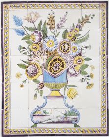 Antique Delft tile mural with a wonderful polychrome flower vase, 19th century