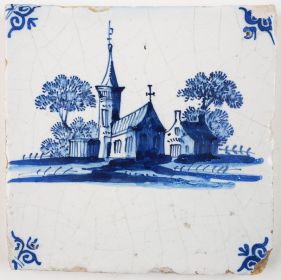 Antique Delft tile with a church and a farm in a typical Dutch landscape, 17th century Harlingen