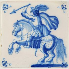 Antique Delft tile with a horseman wielding a spear, 18th century Rotterdam