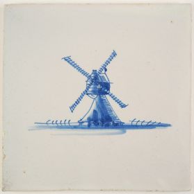 Antique Delft tile with a post-mill in blue, 18th century
