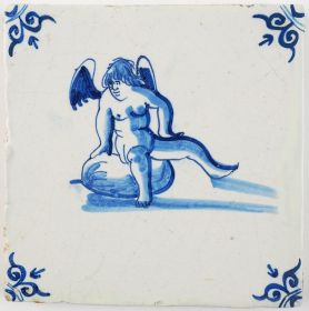 Antique Delft tile in blue with Cupid sitting on top of an apple, 17th century