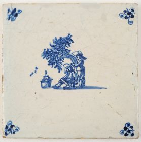 Antique Delft tile with two men catching birds for the rich, 17th century