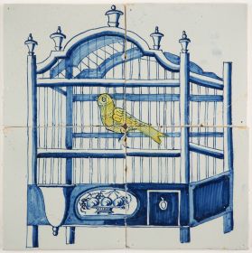 Antique Delft tile mural in blue with a yellow canary in a bird cage, 18th century