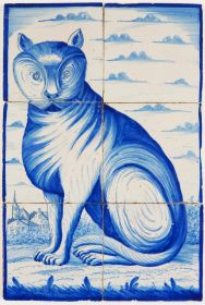 Antique Delft tile mural in blue with a hypnotizing cat, 19th century