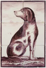 Antique Delft tile mural in manganese with a dog, 20th century
