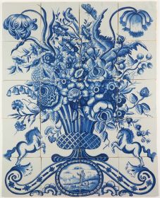 Antique Delft tile mural with a large and richly decorated flower vase in blue, 19th century