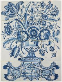 Antique Delft tile mural with a richly decorated flower vase, 18th century Harlingen