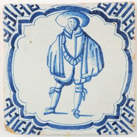 Antique Delft tile in blue depicting a gentleman, 17th century