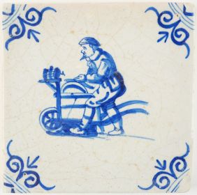 Antique Delft tile with a man sharpening knifes, 17th century