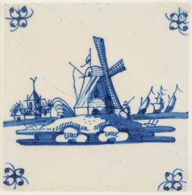 Antique Delft tile in blue with a windmill in a typical Dutch landscape, 18th century