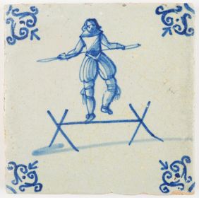 Antique Delft tile with an acrobat balancing on a wooden bar, 17th century