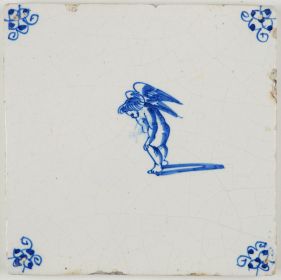 Antique Delft tile in blue with Cupid not feeling to well, 17th century