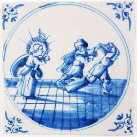 Antique Delft biblical tile depicting how Jesus expels the merchants from the temple, 18th century