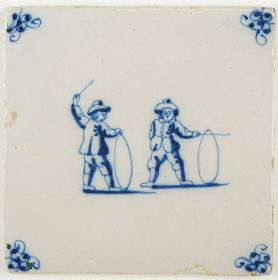 Antique Delft tile with two children playing with hoops, 18th century