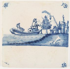 Antique Delft tile with two men on a boat transporting goods while smoking a tobacco pipe, 18th century