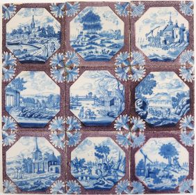 Set of nine antique Delft tiles in blue and manganese with highly detailed landscape scenes, 18th century Rotterdam