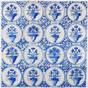 Antique Dutch Delft wall tiles with flower pots in blue 'Napoleon', 18th and 19th century