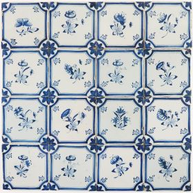 Antique Delft wall tiles in blue with small flowers in an octagon shaped border, 18th century