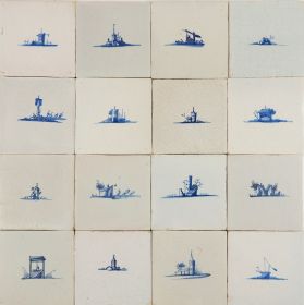 Antique Delft wall tiles with small landscape scenes in blue, 17th century