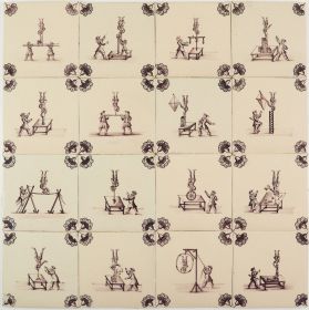 Set of antique Delft manganese tiles with balancing acts performed by acrobats, 19th century