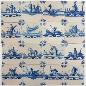 Antique Delft wall tiles with open landscapes in blue, 18th/19th century