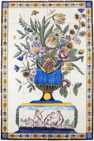 Antique Delft tile mural with a stunning polychrome flower vase and four putti playing a game of blind man's buff, 19th century Utrecht