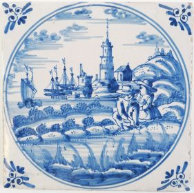 Antique Delft tile with a man and a woman infront of a romantic harbor landscape scene, 18th century