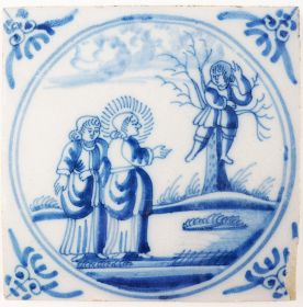 Antique Delft tile depicting Jesus calling Zacchaeus to get down from the three, 18th century