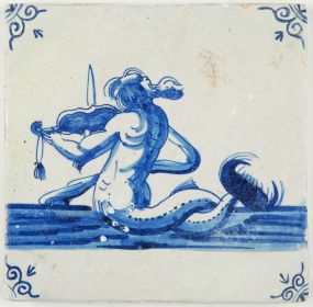 Antique Dutch Delft tile with a merman playing on a violin, 17th century