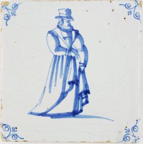 Antique Dutch Delft tile in blue with a well dressed man, 17th century