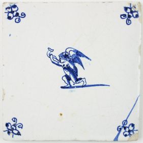 Antique Delft tile with Cupid blowing a horn, 17th century