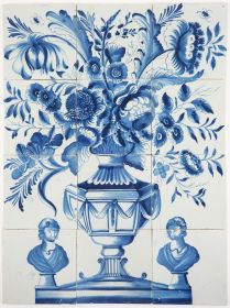Antique Delft tile mural with a beautiful flower vase in blue with a bust on each side, 18th century