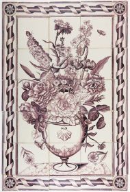 Antique Delft tile mural with a richly decorated flower vase in manganese and a cable cord border, 18th century